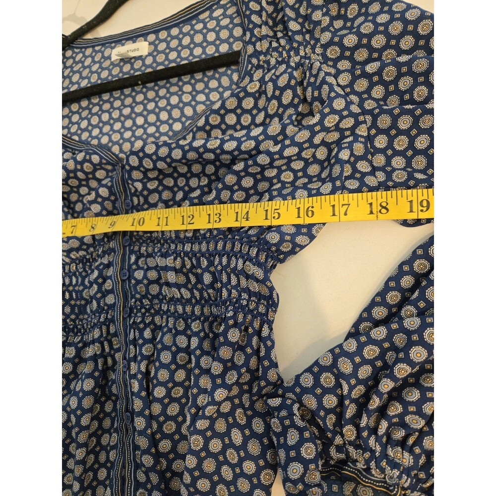 Max Studio Size L Blue Geo Print Smocked Waist V-Neck Long Sleeve Blouse Top - Picture 9 of 12